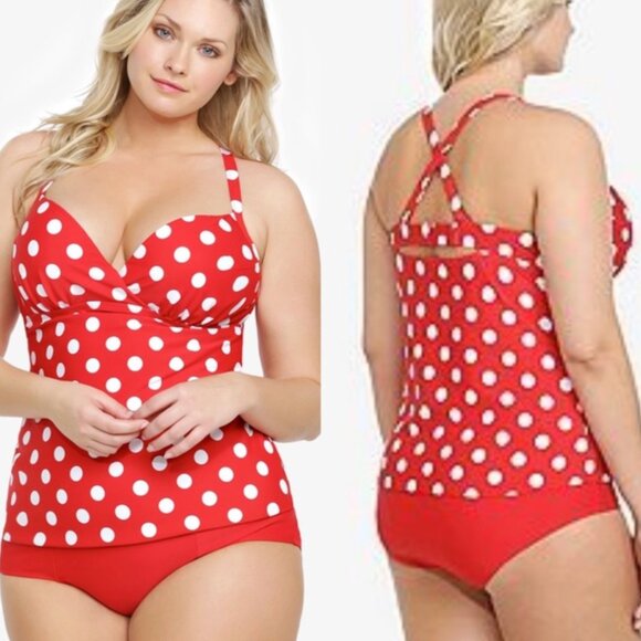 TORRID Red Polka Dot Cleavage Enhancer Tankini Swim Top Retro Pinup - Size 2X - Picture 1 of 13
